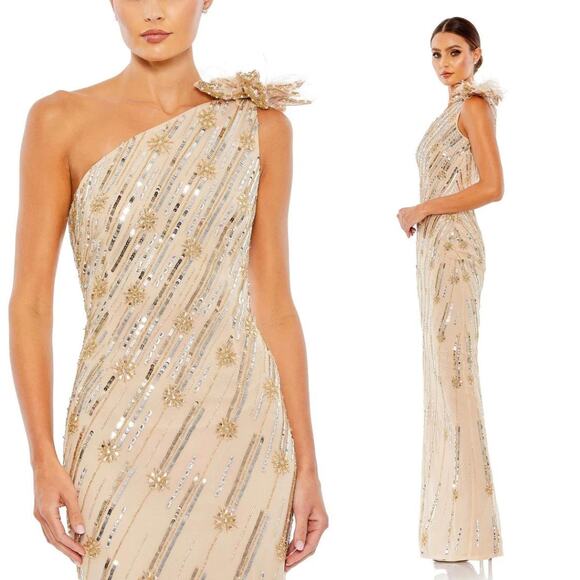 Mac Duggal 93739 Embellished Floral Detail One Shoulder Gown Nude Gold 10 $498 - Picture 1 of 12